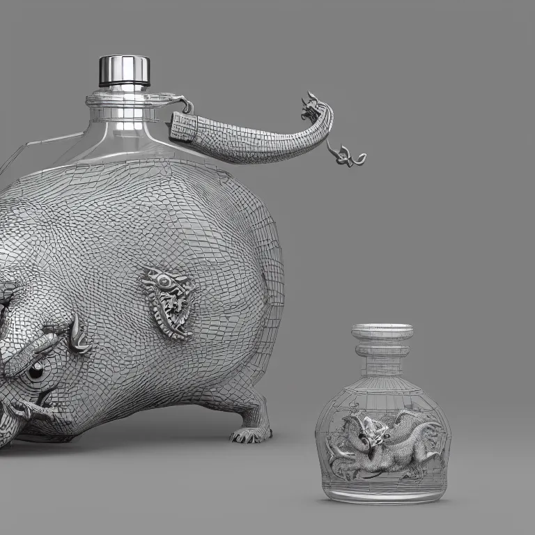 Image similar to transparent ancient boar flask with a dragon, raytracing, orthographic 3d rendering, octane render