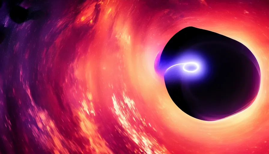 Image similar to an astronaut is falling inside a black hole and is bent into a vortex, volumetric lighting, interstellar, black hole light lensing, event horizon, digital art, wallpaper, 4 k