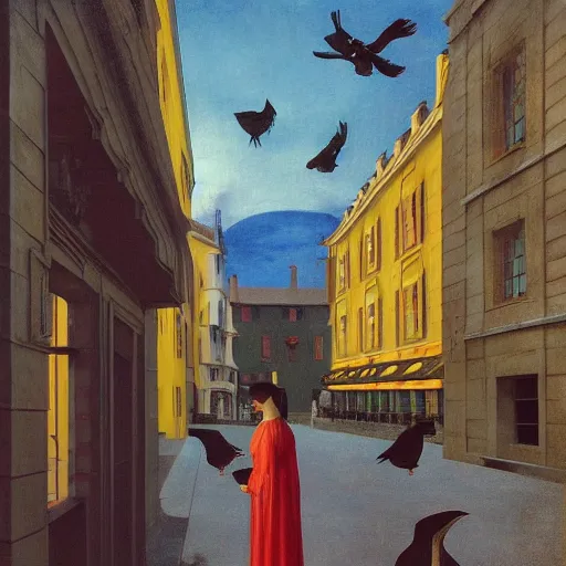 Image similar to a woman in a medieval city, a lots of crows, hyperrealistic film still by edward hopper, by gottfried helnwein, by klimt, by paolo uccello, by johfra bosschart, art nouveau, highly detailed, strong lights, liminal, eerie, symbolist, bright pastel colors