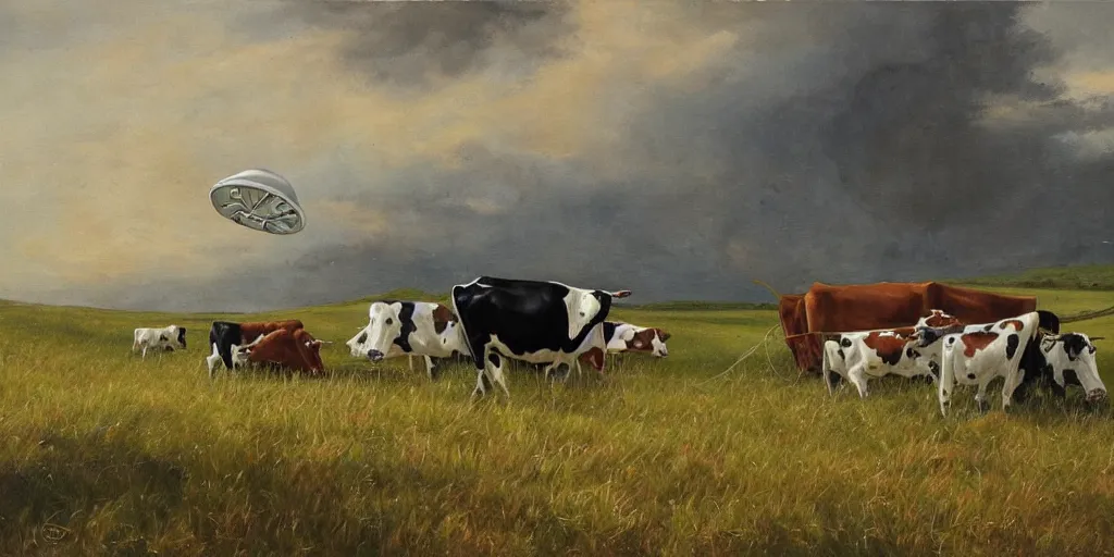 Image similar to a ufo stealing cows, painting