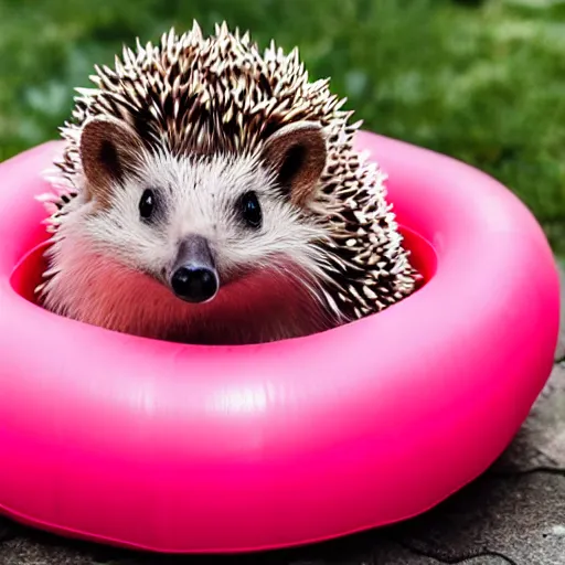 Image similar to a hedgehog sitting on top of an inflatable unicorn bathing toy