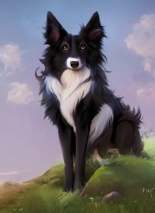 Image similar to wide angle beautiful full body portrait of a cute male anthropomorphic anthro border collie fursona in a park, character design by charlie bowater, henry asencio, and ross tran, disney, anime, scenic background, detailed, glamor pose, aesthetic, trending on artstation, furaffinity, deviantart