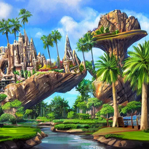 Image similar to painting of universal's islands of adventure, universal orlando, artstation