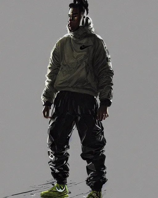 Image similar to Medium shot of a character wearing Nike ACG+Acronym P31-DS Pants in the style of greg rutkowski