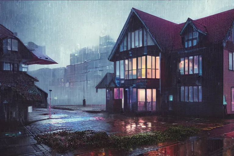 Prompt: cyberpunk, an estate agent listing photo, external view of a 5 bedroom detached city house in the UK, it's raining, by Paul Lehr, highly detailed, photorealistic, unreal engine, 8k,