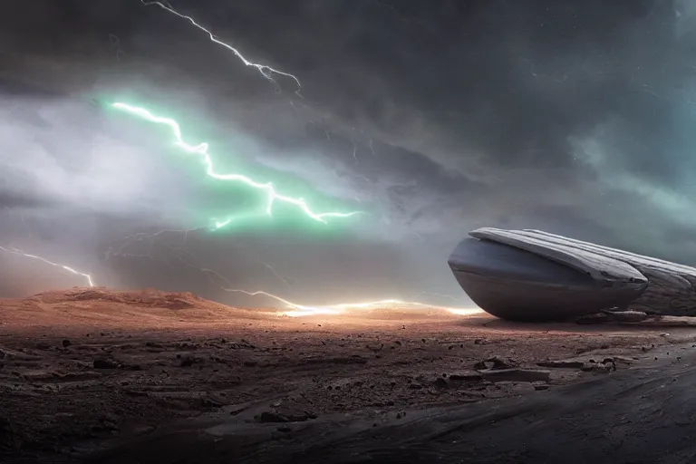 Image similar to a cinematic portrait of a cargo starship designes by rob cobb, landing in a mars base, green clouds and lightning storm, ridley scott and zack snyder, 8 k, hd, high resolution, 8 5 mm, f / 1. 8