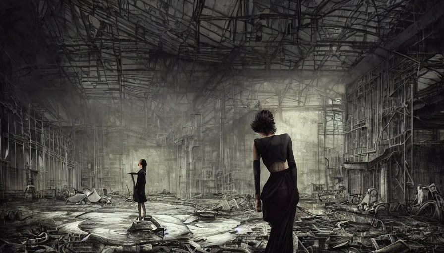 Image similar to dark moody photo of a female mechanic standing on a derelict factory floor with old rusting machinery, elegant, highly detailed, smooth, sharp focus, illustration, beautiful, geometric, art by Tom Bagshaw