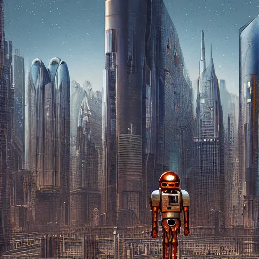 Prompt: portrait of a droid from mars amongst an extraterrestrial cityscape, intricate detail, hyperrealistic