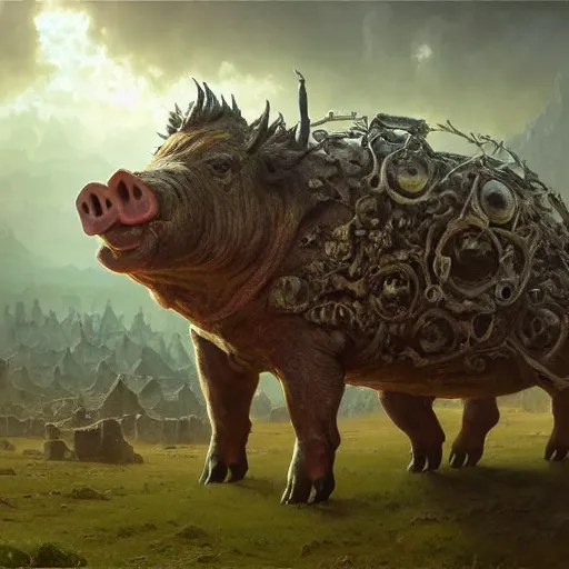 Image similar to A giant pig-monster made of grotesque things in Elden Ring, fullbody, intricate, demonic, video game art, highly detailed, artstation, green field with village ruins, concept art, smooth, sharp focus, illustration, art by greg rutkowski and orientalism and bouguereau and Zdzislaw Beksinski, good clear quality, lighting, biology, symmetrical artwork, perfect face, 135 mm, cinematic, hyper realism, high detail, octane render, 8k, chrome accents