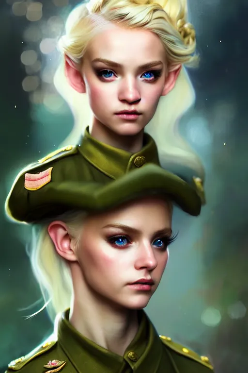 Image similar to cinematic shot of an epic portrait of a cute blonde fairy dressed in military clothes, stylised military clothes, shiny skin, beautiful eyes, beautiful, small details, night setting, realistic poster with volumetric light from craig mallism, artgerm, jeremy lipkin and michael garmash, unreal engine, radiant light, digital art, trends at art station, a masterpiece
