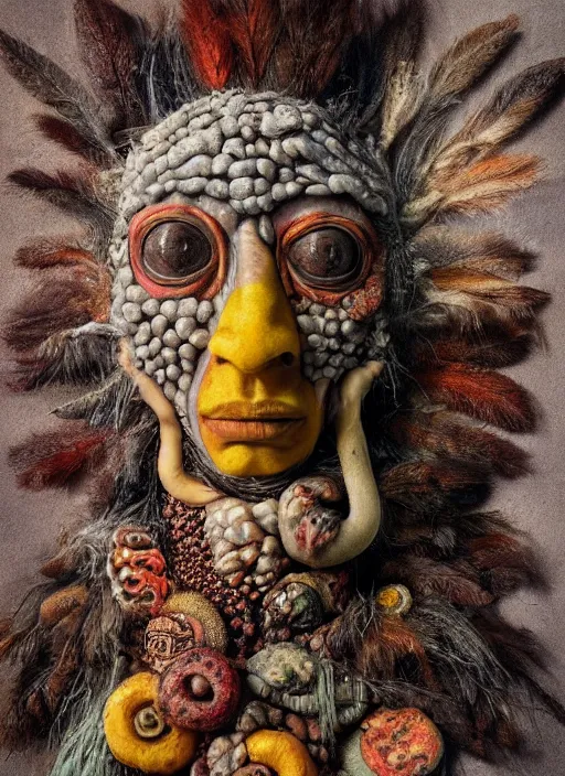 Prompt: a surrealist painting of a shaman's face, 3 d render, in the style of giuseppe arcimboldo, symbolist, soft colors, dramatic lighting, smooth!, sharp focus, extremely detailed!, aesthetically pleasing composition, octane render