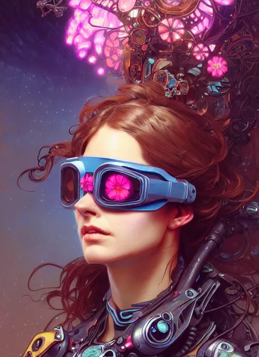 Image similar to lovely woman wearing futuristic goggles in distress, neon flowers, ultra realistic, concept art, intricate details, eerie, highly detailed, photorealistic, 8 k, unreal engine. art by artgerm and greg rutkowski and magali villeneuve, alphonse mucha