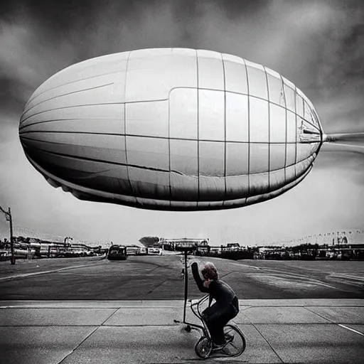 Image similar to “man using a bicycle pump to inflate an extremely large zeppelin blimp, highly detailed, dramatic lighting, Tim Burton, Studio Ghibli, Alex Pardee, Nekro Petros Afshar, James McDermott, cgsociety 4K”