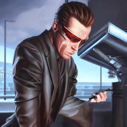 Prompt: an oil painting of the terminator as a bank attendant, by artgerm, hd, hdr, ue 5, ue 6, unreal engine 5, realistic anime 3 d style, cinematic 4 k wallpaper, 8 k, ultra detailed, gta cover art, high resolution, artstation, award winning