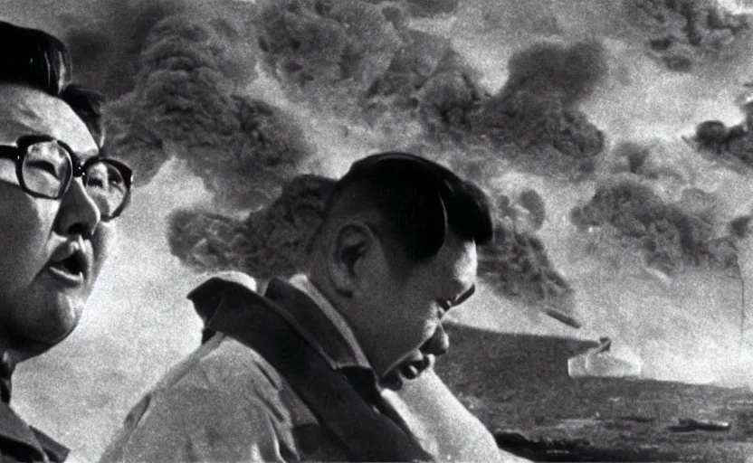 Image similar to a filmstill of Kim Jong-il, monster destroying Pyongyang, in Godzilla (1954) by Ishirō Honda, epic ultrawide shot, cinémascope