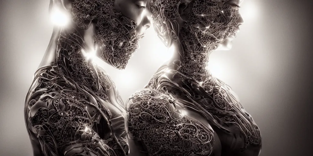 Prompt: hyper realistic photography of a stunningly beautiful cyborg female, elbow, chest, intimate, holding close, reflective chrome in the style of beth cavener, jin kagetsu,, and wlop, highly detailed, intricate filigree, masterpiece, award winning, sharp focus, concept art, ringflash lighting, ambient lighting, octane render, 8 k, artstation