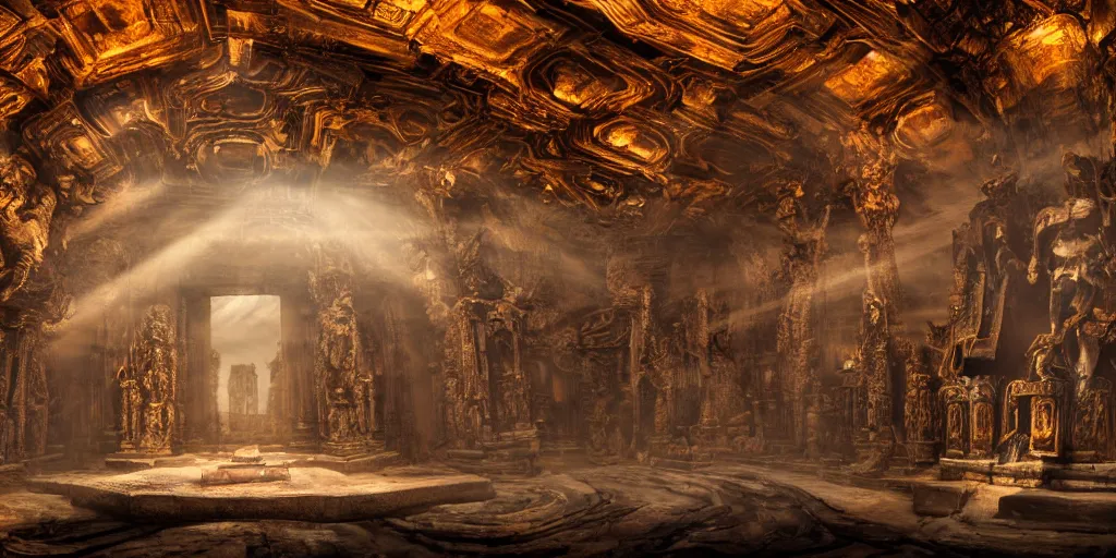 Image similar to ancient temple made of ribs and spines and teeth, gold ram horns, copper goat skulls, grand imposing powerful sculpture. swirls of mist. intense light beams, lens flare. occult photorealism, uhd, amazing depth, volumetric lighting, cinematic lighting. epic landscape.