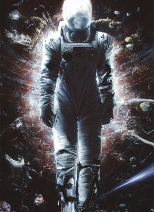 Image similar to astronauts in dark void underwater - complex and hyperdetailed technical suit. reflection and dispersion materials. rays and dispersion of light. volumetric light. f / 3 2. noise film photo. flash photography. ultra realistic, wide angle. poster by wayne barlowe, hajime sorayama aaron horkey, craig mullins