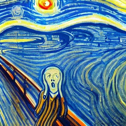 Image similar to painting of edvard munch's the scream with van gogh's the starry night in the background, detailed, unreal engine