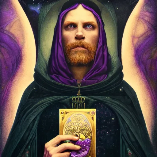 Image similar to middle aged man, in dark purple robes, occult , Tom bagshaw, sam spratt, Gustav Klimt, intricate, dark colors, 4k, art nouveau