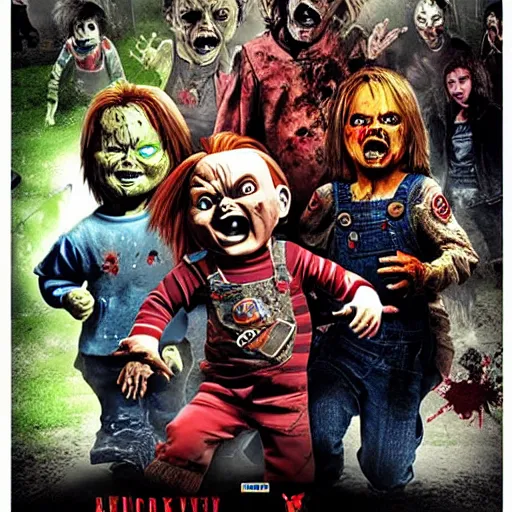 Prompt: Chucky versus Zombies movie poster