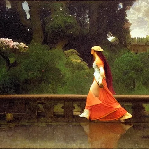 Image similar to Girl riding a horse leaving the castle through the bridge, thunderstorm, french garden on the background major arcana sky, by paul delaroche, alphonse mucha and arnold böcklin arnold böcklin hyperrealistic 8k, very detailed