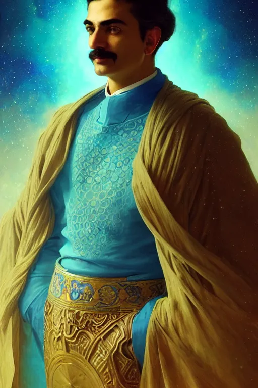 Image similar to portrait of a Persian architect and astronomer, handsome man, heroic pose, Turquoise colors, dramatic lighting, volumetric lighting, intricate, highly detailed, digital painting, artstation, concept art, smooth, sharp focus, illustration, art by artgerm and greg rutkowski and alphonse mucha, footage from space camera