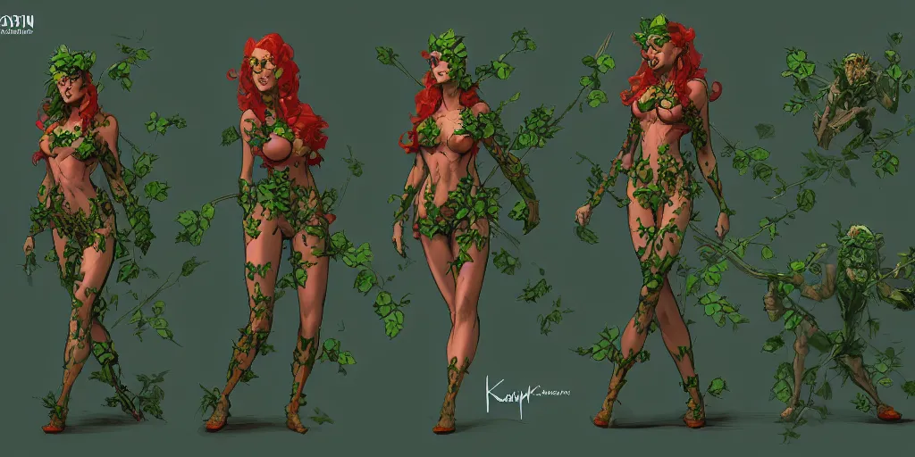 Prompt: poison ivy, character sheet, concept design, contrast, kim jung gi, greg rutkowski, zabrocki, karlkka, jayison devadas, trending on artstation, 8 k, ultra wide angle, pincushion lens effect