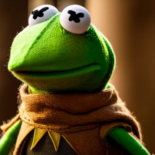 Image similar to first shot of kermit the frog in game of thrones, ( eos 5 ds r, iso 1 0 0, f / 8, 1 / 1 2 5, 8 4 mm, postprocessed, crisp face, facial features )