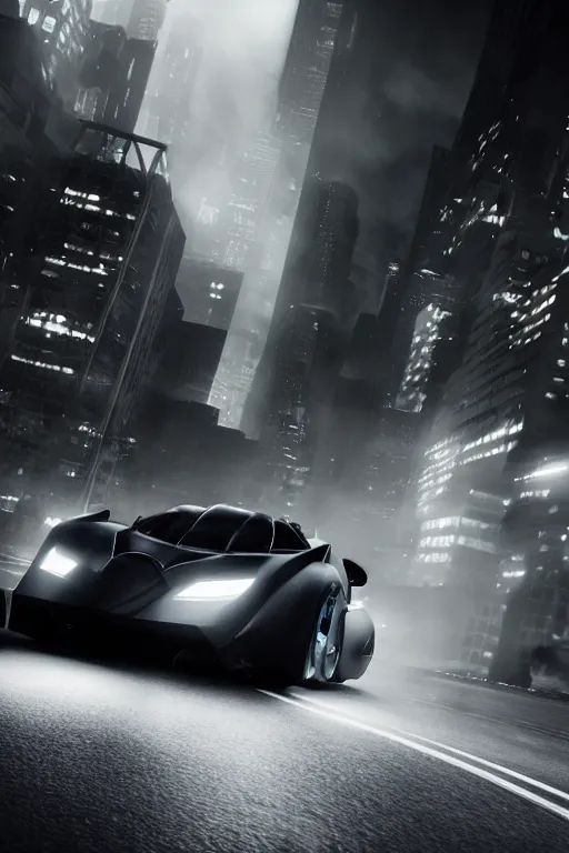 Image similar to the batmobile driving through gotham city at night. fluorescent light. pov from behind the wheel. octane render. 8 k. monochrome. black and white. mist. atmospheric. cinematic. hdr, raytracing, global illumination. a matte painting by ash thorp.