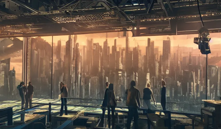 Image similar to group of people in simple warehouse, looking at hologram of futuristic metropolis on a table, cinematic concept art, godrays, golden hour, natural sunlight, 4 k, clear details, tabletop model buildings, center model buildings, hologram center, crane shot, crane shot, crane shot