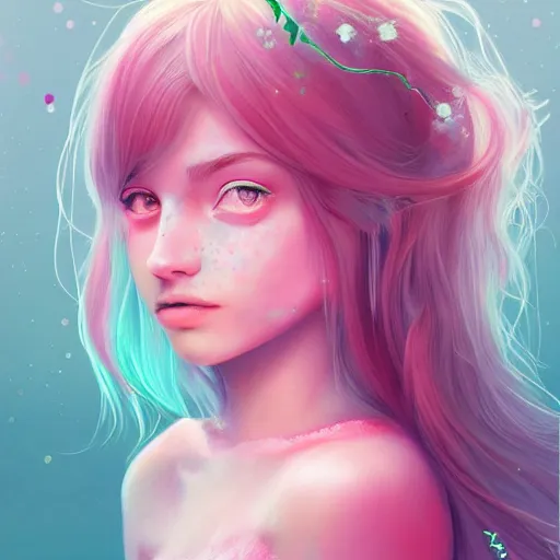 Image similar to girl portrait, elven princess, head and shoulders, matte print, pastel pink, neon highlights, digital art, cute freckles, digital painting, fan art, elegant, pixiv, by Ilya Kuvshinov, daily deviation, IAMAG