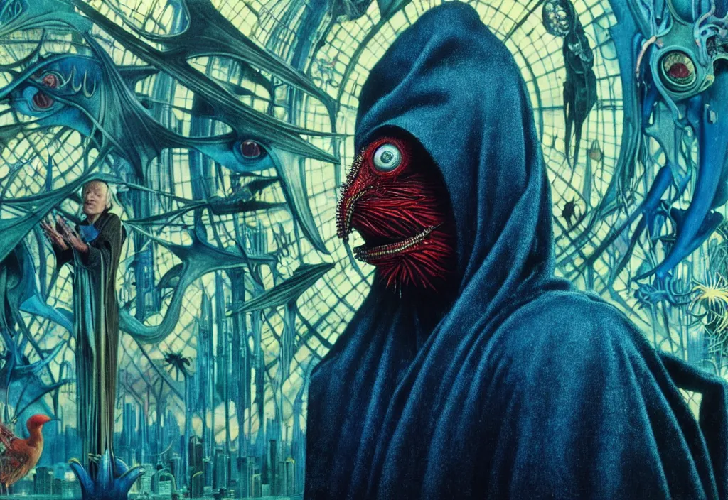 Image similar to realistic detailed portrait movie still of a birdman wearing dark robes, sci fi city landscape background by denis villeneuve, amano, yves tanguy, alphonse mucha, ernst haeckel, max ernst, roger dean, ridley scott, masterpiece, rich moody colours, blue eyes, snarling dog teeth