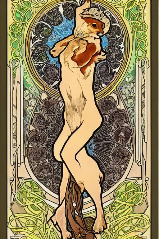 Image similar to Tarot card illustration of The Stoat, illustration by Alphonse Mucha, art nouveau style, elaborate details, 4k