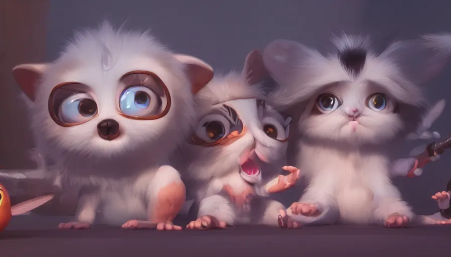 Image similar to very very very cute cirsus performers, big disney eyes, symmetrical eyes, fur and cuteness, a lineup of characters, Trending on Artstation, oil on Canvas by Elena Zhurikhina and Goro Fujita and Charlie Bowater, octane render, 4k, 8k, HD