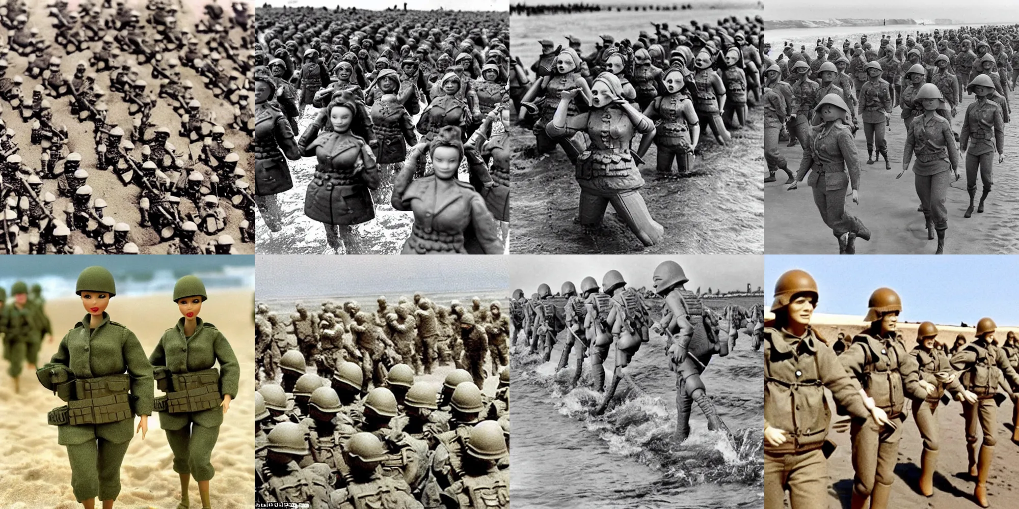 Prompt: 500,000 army barbie dolls storming the beaches of Normandy on D-Day