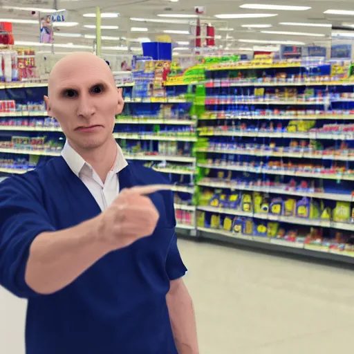 Prompt: voldemort working at a tesco express, photorealistic, 4 k