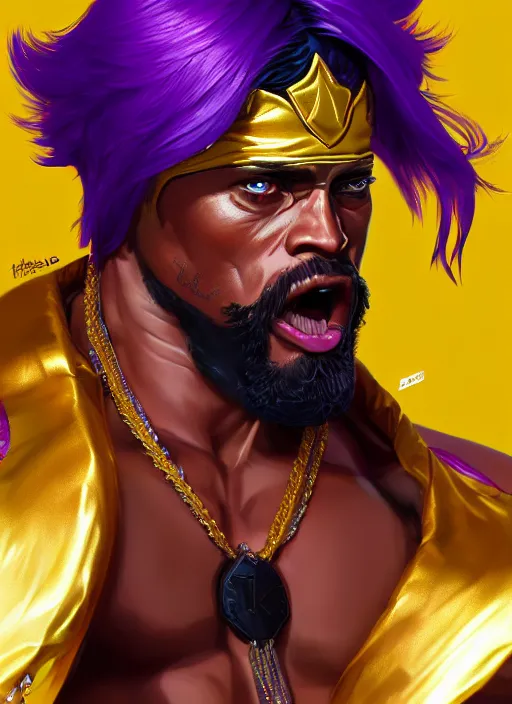 Prompt: macho king randy savage, wide angle view, gold and purple color scheme, highly detailed, artgerm, cushart krenz, king of fighters style, trending on artstation, soft light, sharp focus, illustration, character design, concept art