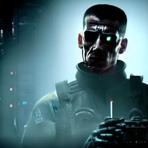 Prompt: rock - manas a soldier smoking a cigarette, still from the movie universal soldier, still from the movie terminator, fog, dramatic lighting, cinematic, 4 k, full body shot, backlit, rim lighting, full body photgraph, shap, football armor, cyberpunk, bladerunner, extreme detail, light rain, trending on artstation