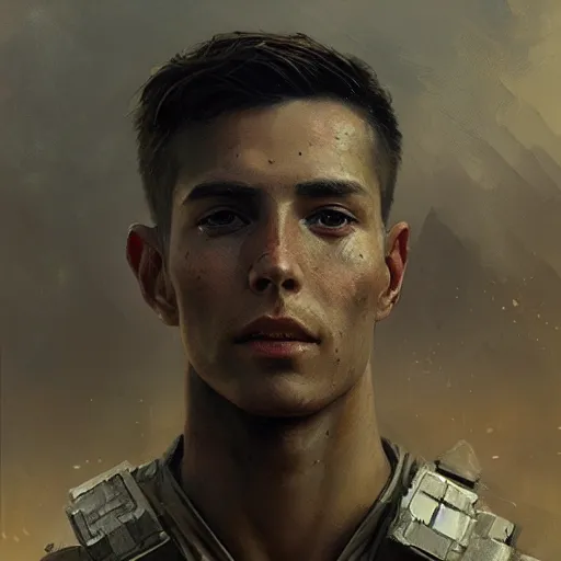 Prompt: a dramatic epic ethereal portrait of a futuristic soldier, young male, detailed face, cinematic lighting, highly detailed oil on canvas painting by Greg Rutkowski, winning-award digital art trending on Artstation H 1024 W 832