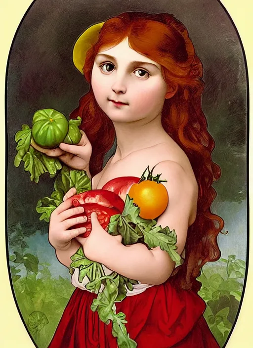 Image similar to Girl with a tomato, in the style of Raphael and Mark Ryden and Alphonse Mucha,