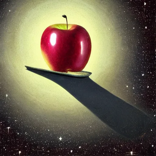 Image similar to An apple burning in space, photorealistic, desolate, terrifying, weird, strange, odd, uncanny, hyper realism, highly detailed, photorealism, smooth gradients, high contrast