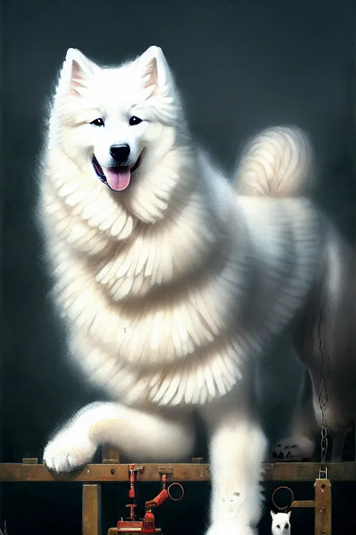 Image similar to pet samoyed with equipment, portrait by anna podedworna and greg rutkowski