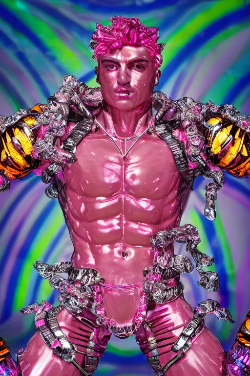 Image similar to hyper detailed ultra sharp fullbody photo of baroque and cyberpunk transparent pink ceramic sculpture of a muscular seductive muscular italian guido feeling muy cachondo, muy dotado, iridescent humanoid deity wearing pink plastic seethrough cloak, holding a rainbow tiger gem, blue diamond, glowing pink face, crown of white diamonds, cinematic lighting, photorealistic, octane render 8 k