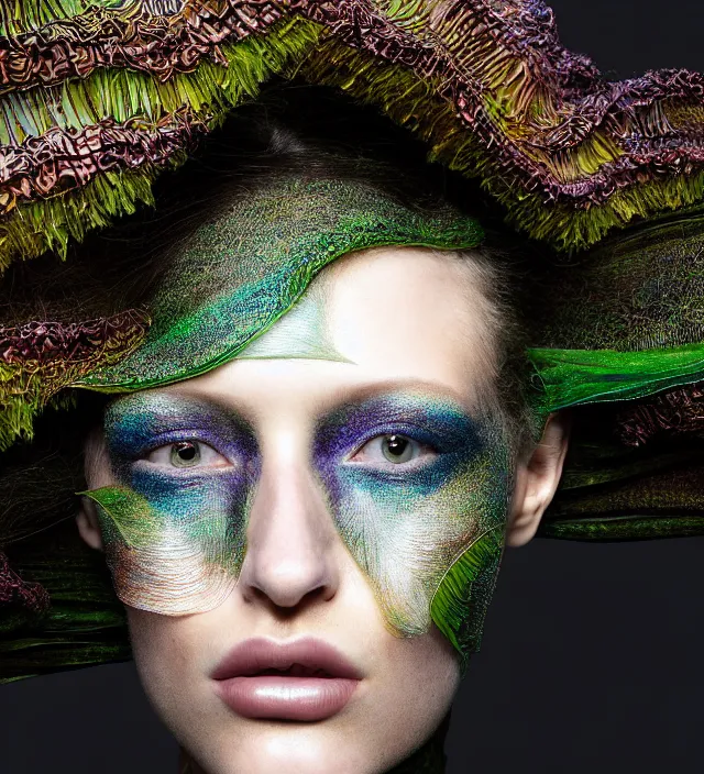 Prompt: photography face portrait of one female fashion model in rainforest, wearing one organic futurist shawl designed by iris van herpen,, creative colorfull - makeup, curly hair style half _ long, photography by paolo roversi nick knight, helmut newton, avedon, and araki, sky forest background, natural pose, highly detailed, skin grain detail