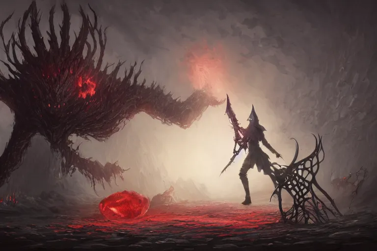 Prompt: irish mythology, a dullahan battling a bloodborne hunter, mesmerizing, fantastical, concept art, highly detailed, artstation, trending, feng zhu, shaddy safadi, noah bradley, tyler edlin, jordan grimmer, darek zabrocki, neil blevins, tuomas korpi