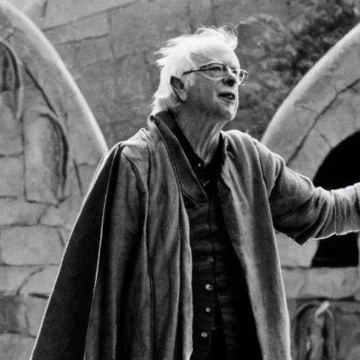 Prompt: Bernie Sanders as Gandolf defending Bridge of Khazad-dûm, 35mm photo