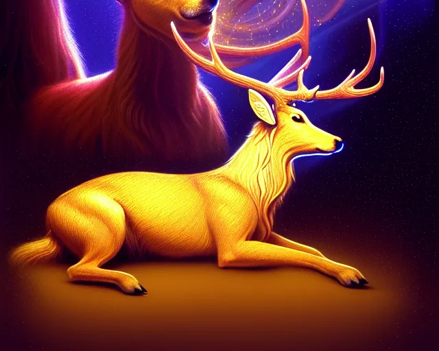 Prompt: beauty golden deer dog admiring a small hologram with alien artifacts, mechanical holographic case display, 80s Aliens tech, ultrarealistic, dramatic lighting, electrical details, high details, 4k, 8k, best, accurate, trending on artstation, artstation, photorealism, ultrarealistic, digital painting, style of Wayne barlowe and Boris Vallejo and Peter Mohrbacher