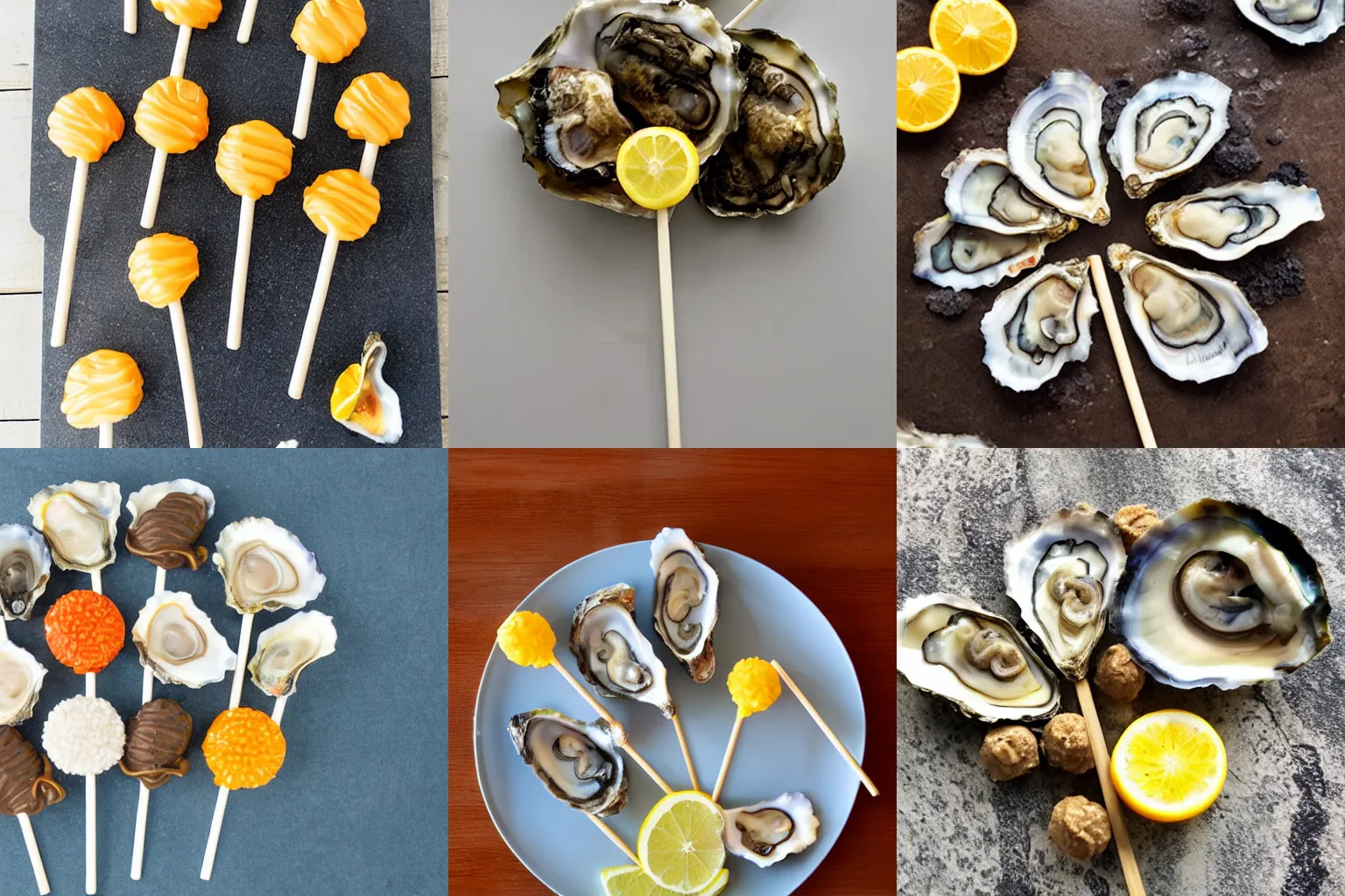 Prompt: delicious oyster flavored, oyster colored lollipop, food blog photo