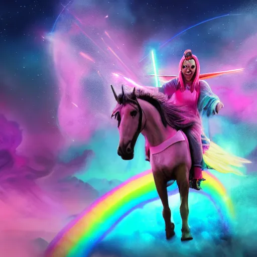 Image similar to beautiful matte painting, rainbow colored pink pink darth vader wearing pink wearing pink, riding a unicorn, riding a unicorn, riding a one-horned unicorn over a glittering rainbow, in psychedelic space, by lisa frank and dan mumford, octane render, HDR, vivid color, volumetric lighting, unreal engine, concept art, CGsociety, trending on artstation